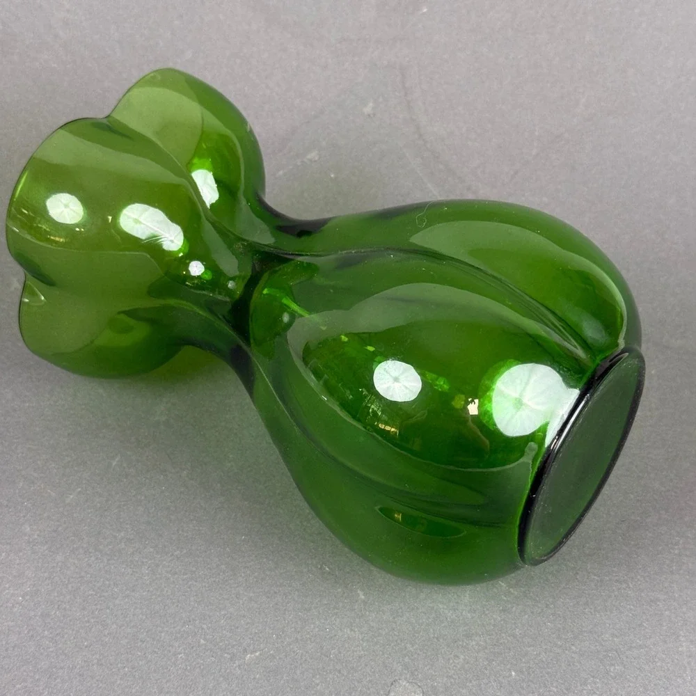 Vintage Emerald Green Art Glass Vase Four Lobed Rim Mid Century Modern